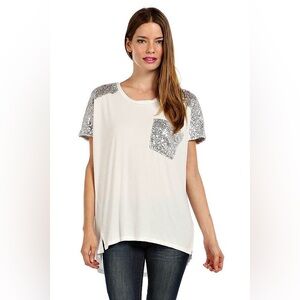 POL Sequin Shoulder & Pocket Tee - Cream with Silver